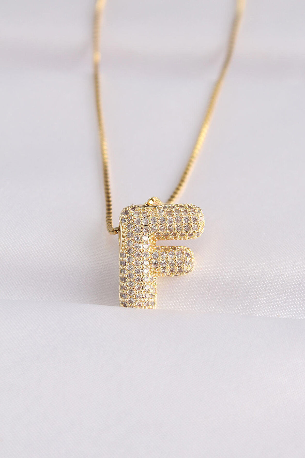 Buyers Butik 316L Çelik Zincirli Zirkon Taşlı F Harfli Gold Renk Bubble Kolye