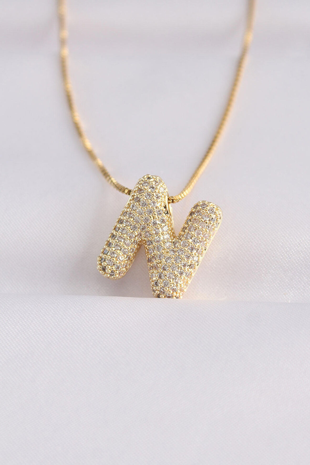 Buyers Butik 316L Çelik Zincirli Zirkon Taşlı N Harfli Gold Renk Bubble Kolye