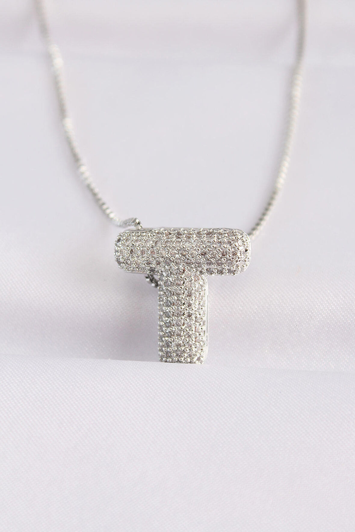Buyers Butik 316L Çelik Zincirli Zirkon Taşlı T Harfli Silver Renk Bubble Kolye