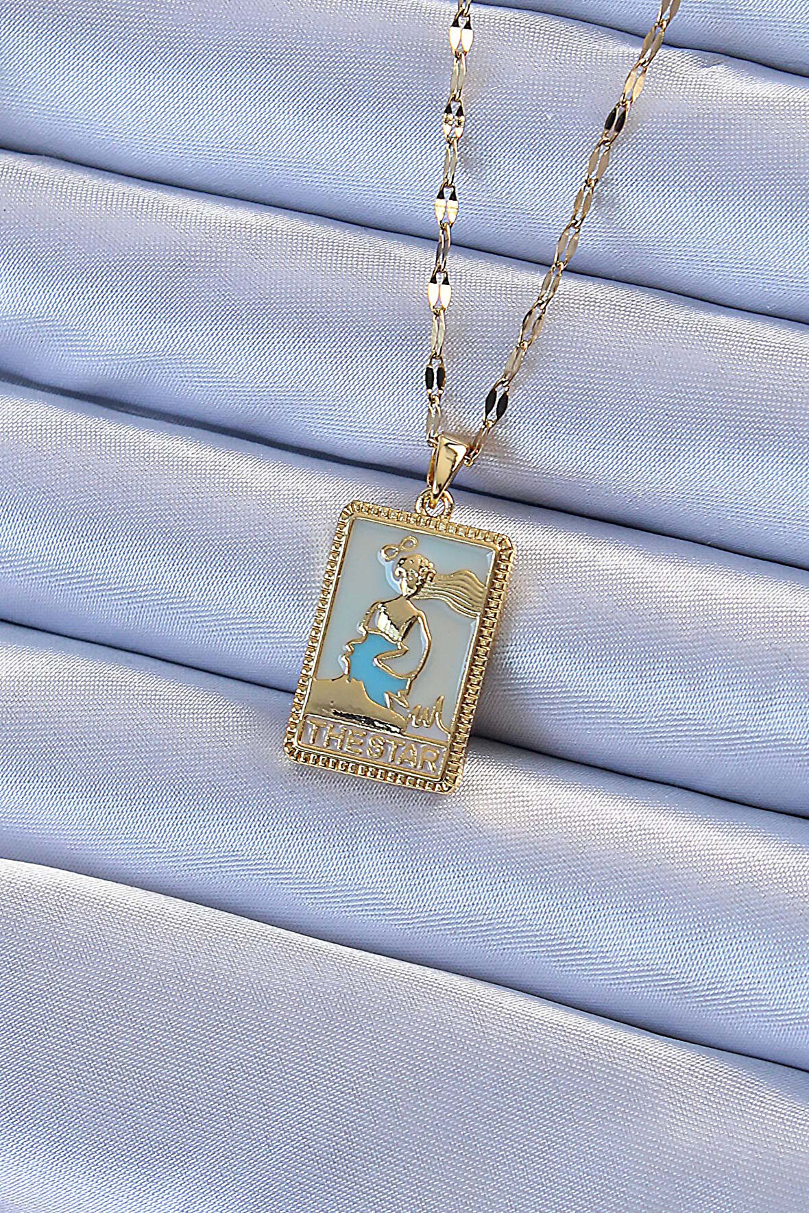 Buyers Butik 316L Çelik Zincir Altın Renk Mavi Mineli Tarot Kolye