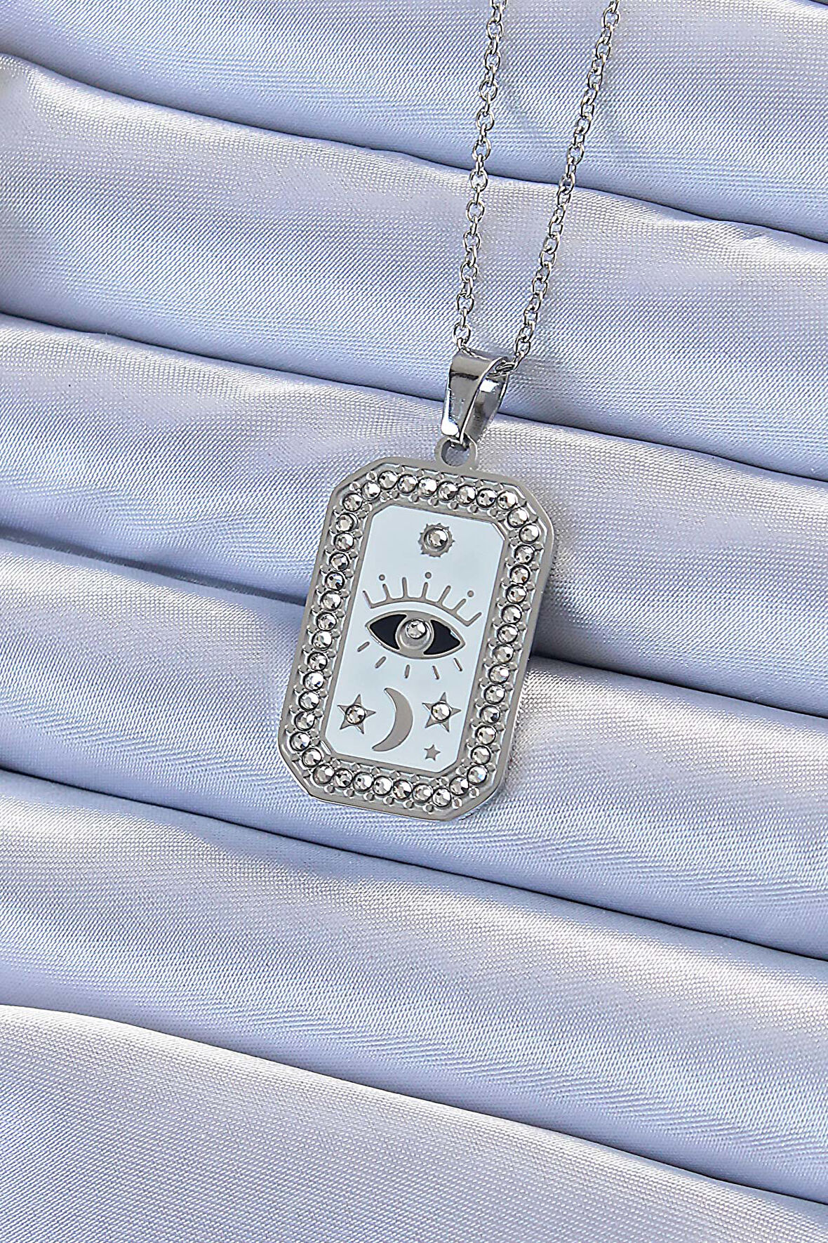 Buyers Butik 316L Çelik Zincir Gümüş Renk Mineli Zirkon Taşlı Göz Figür Tarot Kolye