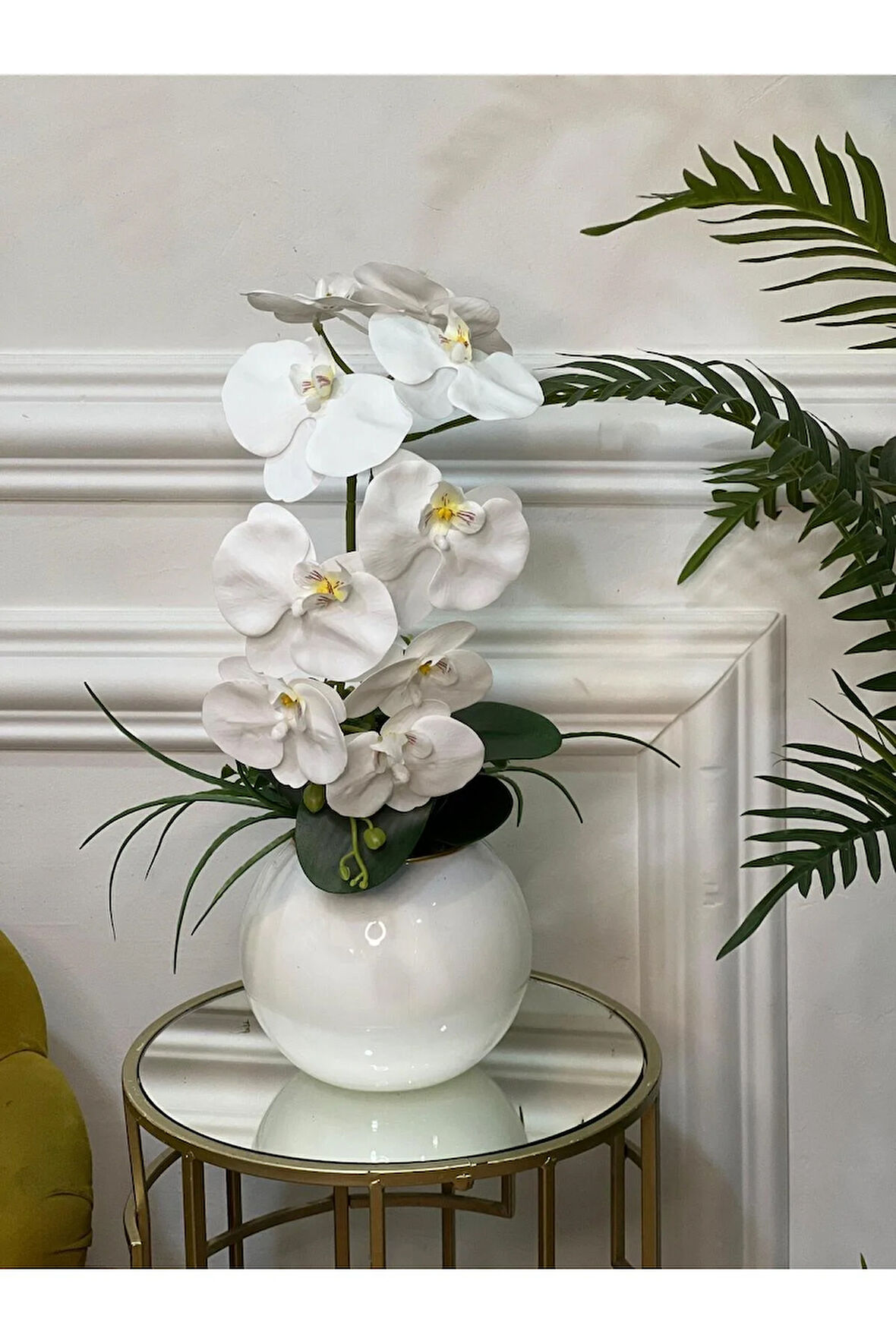 Yapay Orkideli Beyaz Cam Vazo