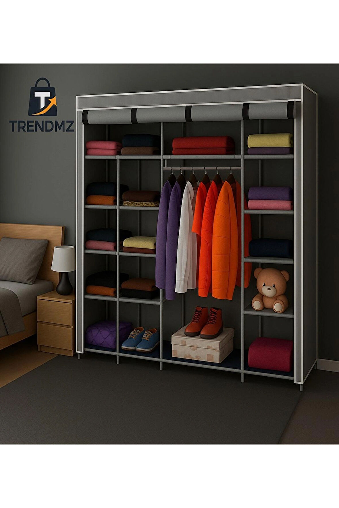 Trendmiz Nar Çok Raflı Bez Dolap | Metal Iskeletli Gardırop | Toz Geçirmez Fermuarlı Hurç Dolap