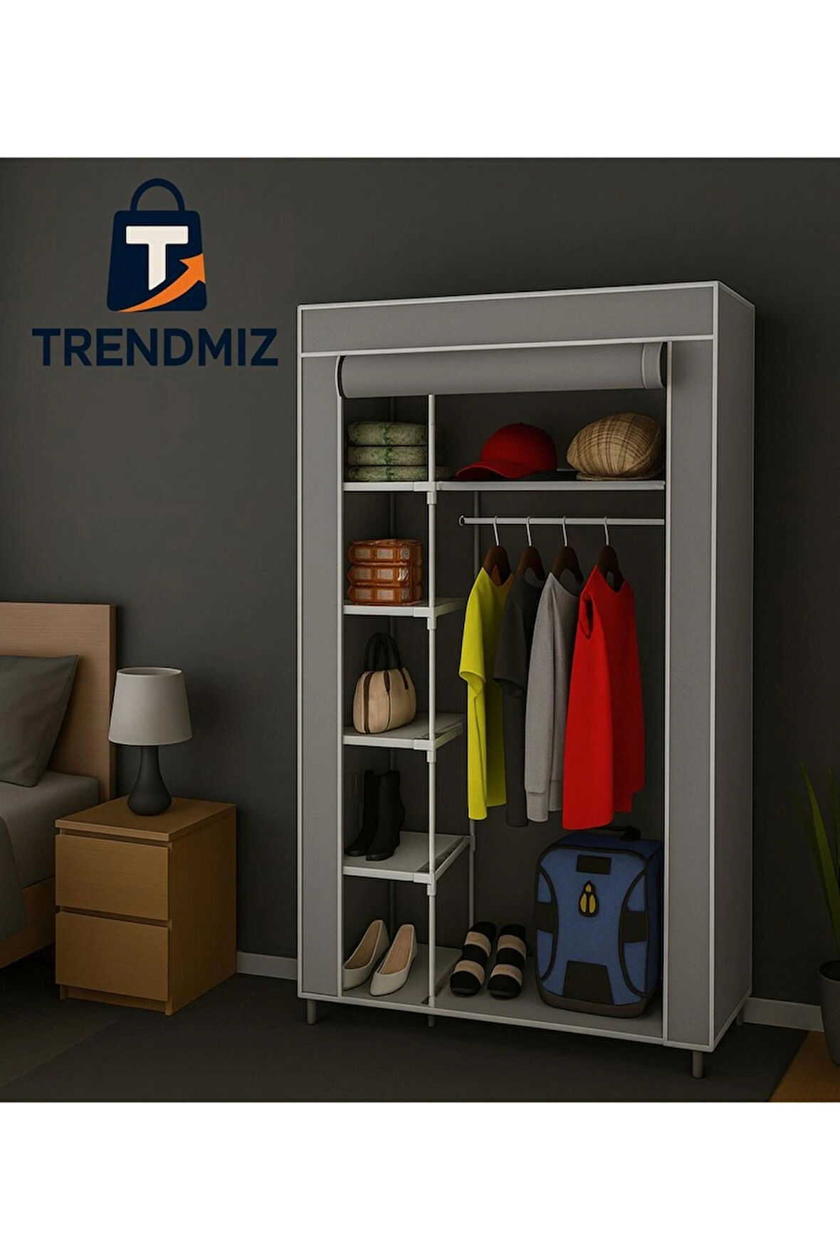 Trendmiz Tek Yandan Raflı Bez Dolap | Katlanabilir Gardırop | Toz Geçirmez Fermuarlı Saklama Dolabı