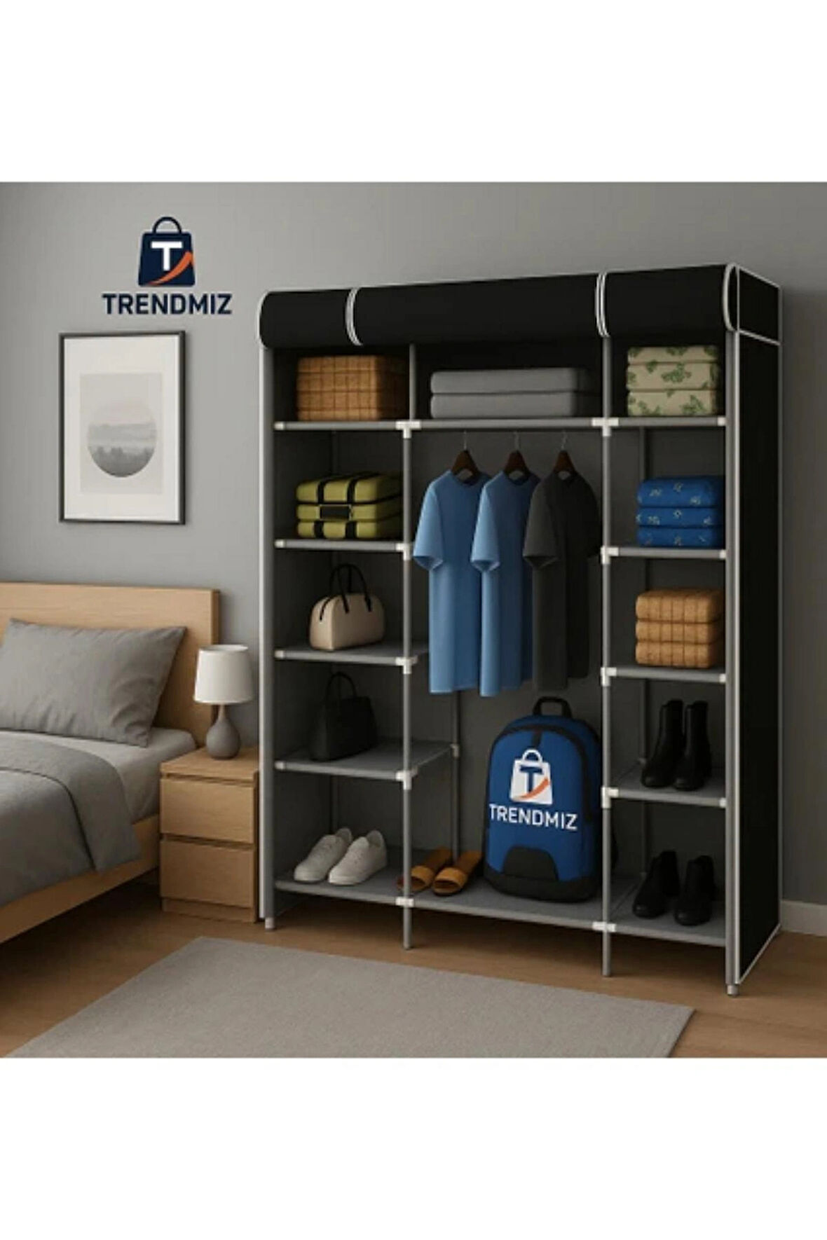 Trendmiz Çift Yandan Raflı Bez Dolap | Kumaş Gardırop | Toz Geçirmez Fermuarlı Dolap