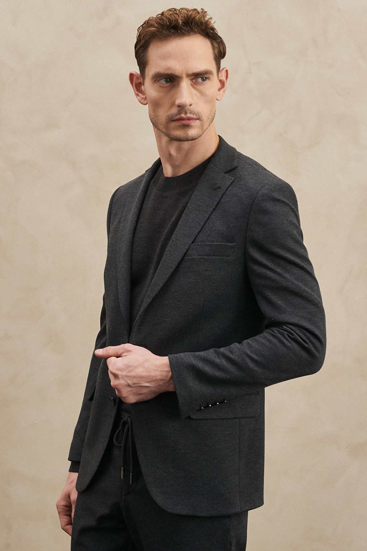 Erkek Antrasit Slim Fit Dar Kesim Mono Yaka Diyagonal Desenli Takım Elbise