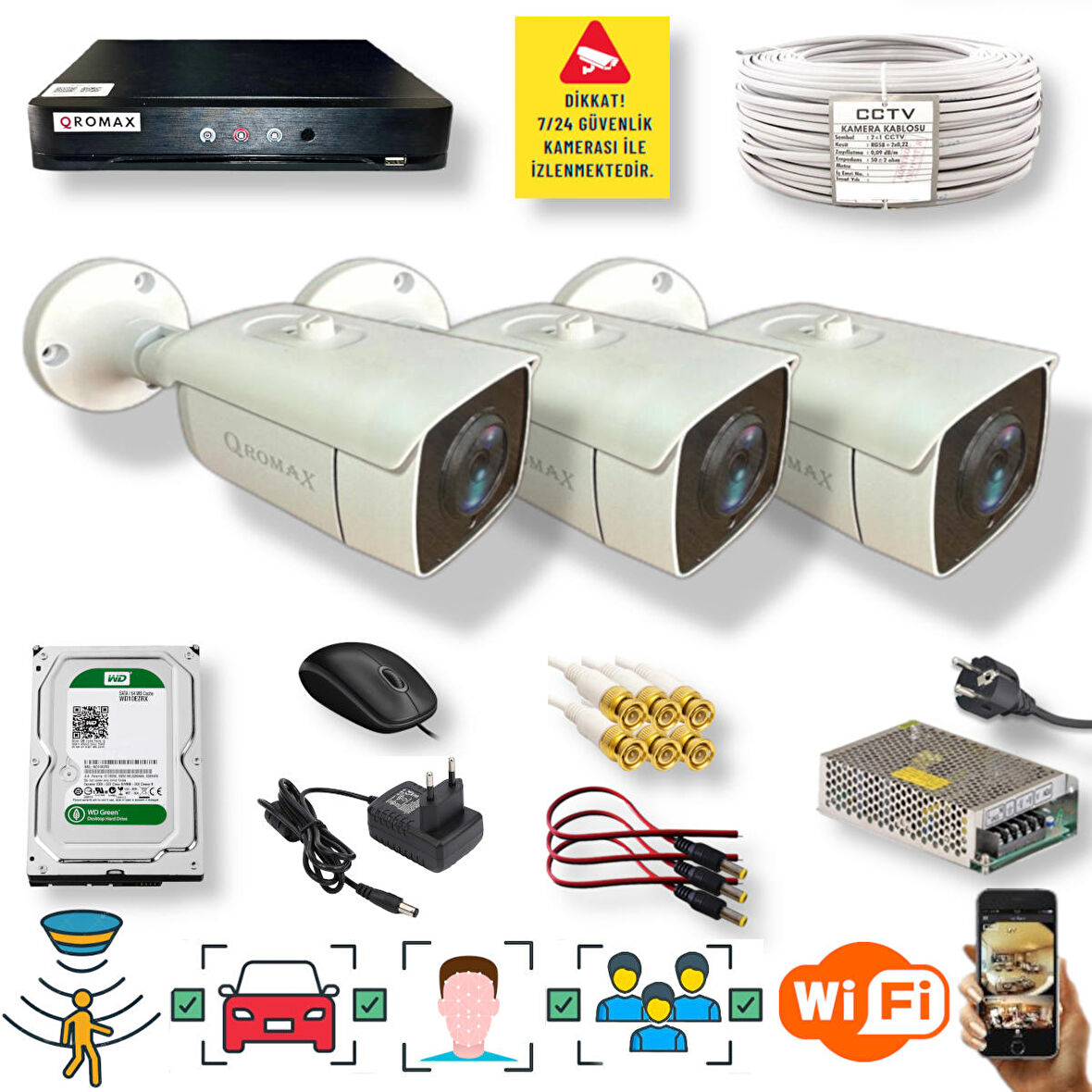 3 Kamerali Set - Araç İnsan Yüz Hareket Algılayan 24 Smd Led 5MP Sony Lensli 1080P Metal Kasa Güvenlik Kamerasi Seti 6224-1
