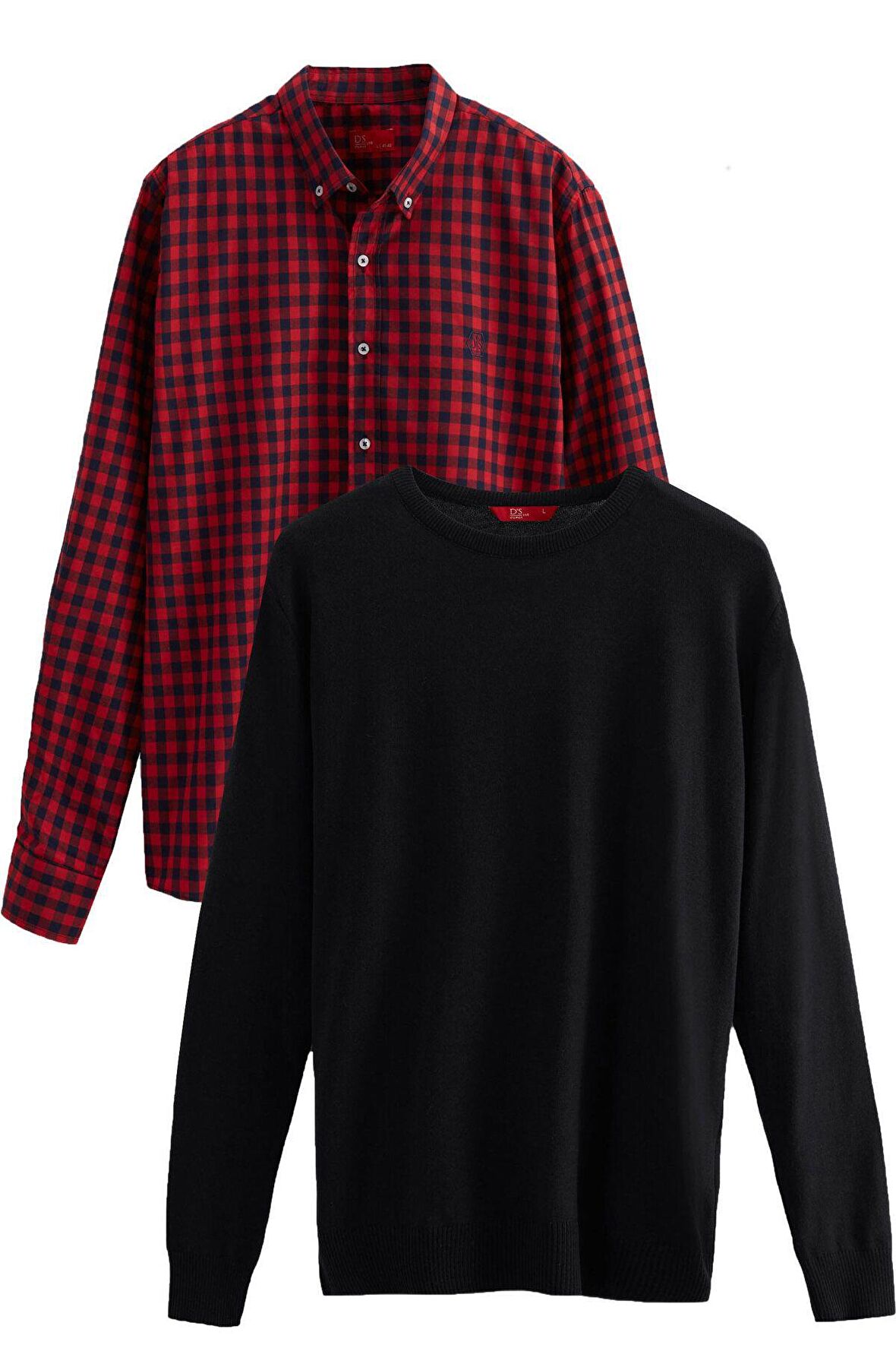 Ds Damat Slim Fit Kırmızı Pamuk Karışımlı 2'Li Bisiklet Yaka Triko Ve Gömlek 1HC0206EKBN01