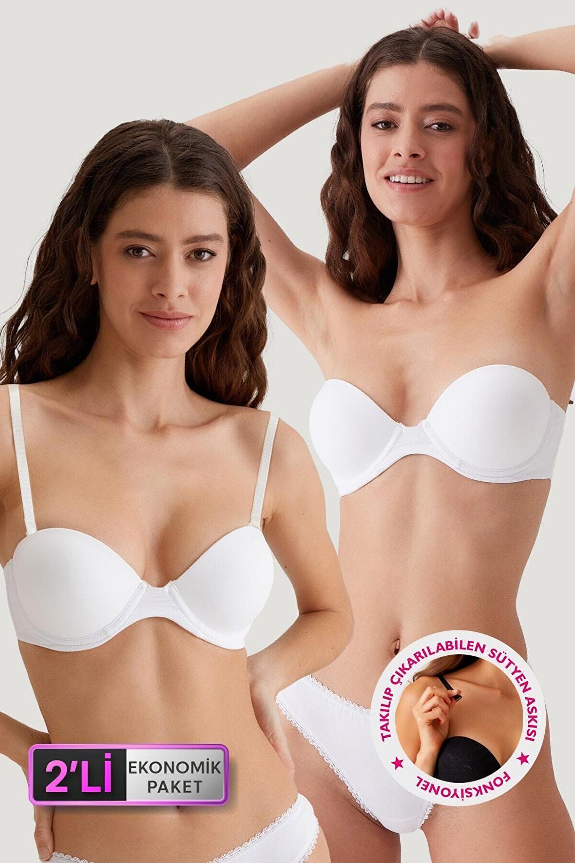 2'li Ekonomik Paket Beyaz 6806 Vicenza Ekstra Push Up Dolgulu Straplez T-shirt Sütyen Set