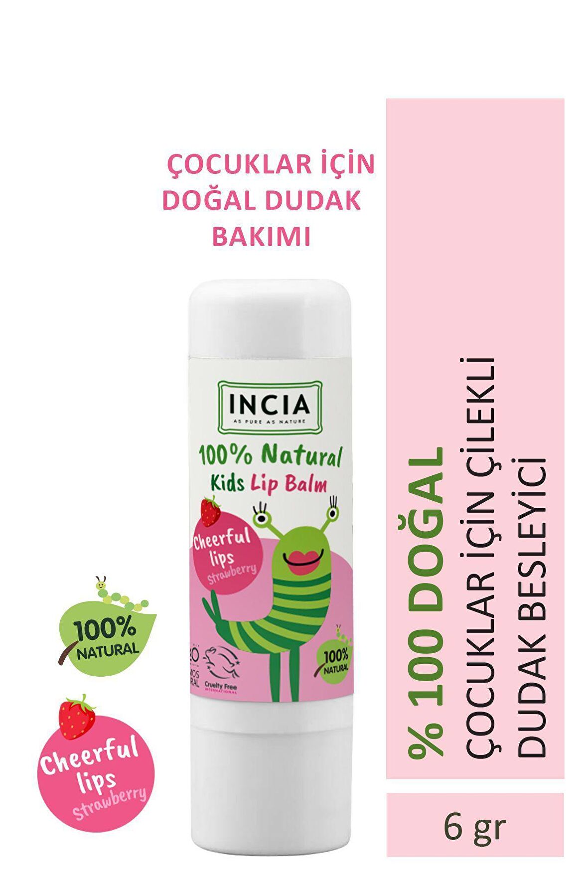 INCIA %100 Doğal Kids Dudak Besleyici Çilek Bitkisel Nemlendirici Dudak Bakım Kremi 6 gr