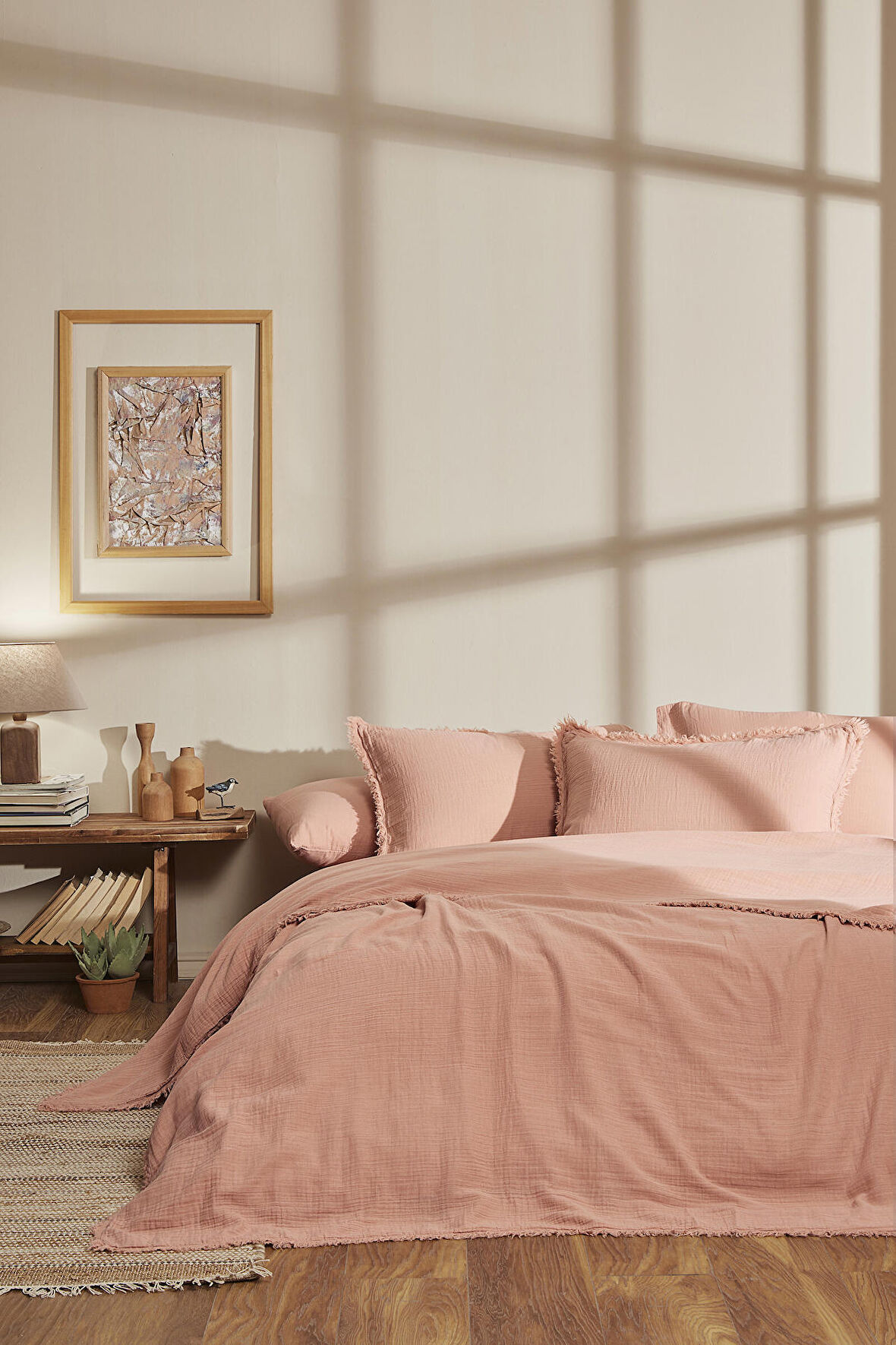 Özdilek Sofia Battal Boy Lastikli Fitted Çarşaf Müslin Nevresim Takımı Pudra