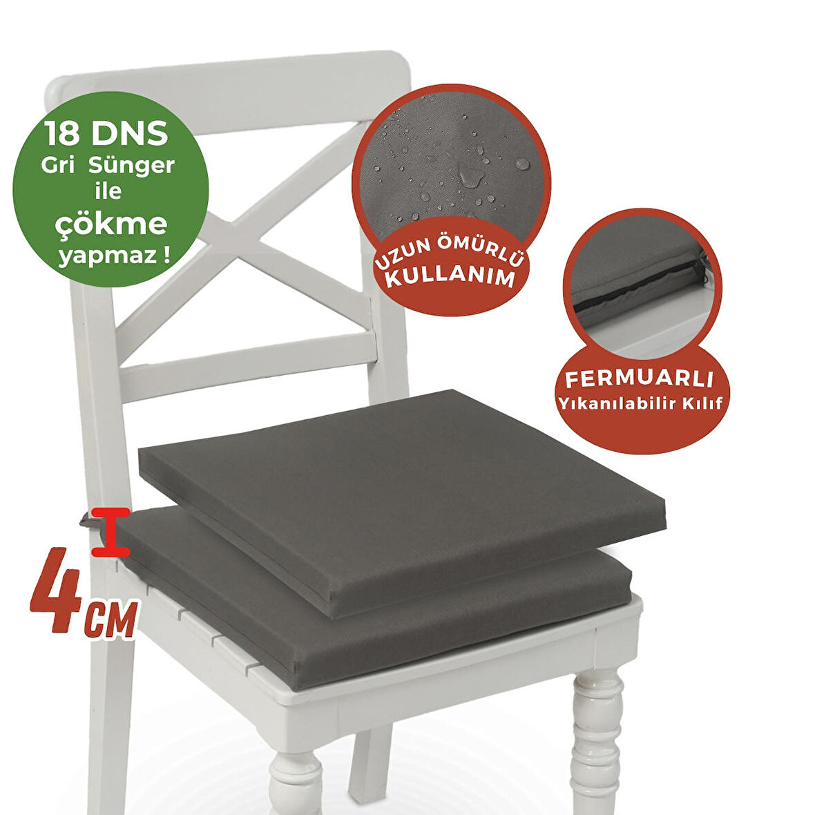 Xpermate Fermuarlı 2'li Sandalye Minderi Su İtici Kumaş 40x40Cm Sünger Sandalye Minderi Bağcıklı Antrasit
