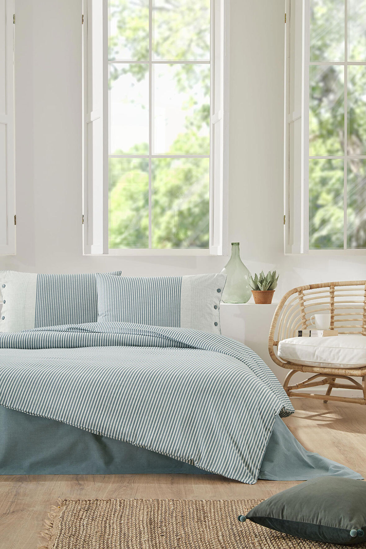 ÖZDİLEK NEVRESİM TAKIMI  RANFORCE 57 TEL ÇİFT KİŞİLİK MAVI NATURAL LINE