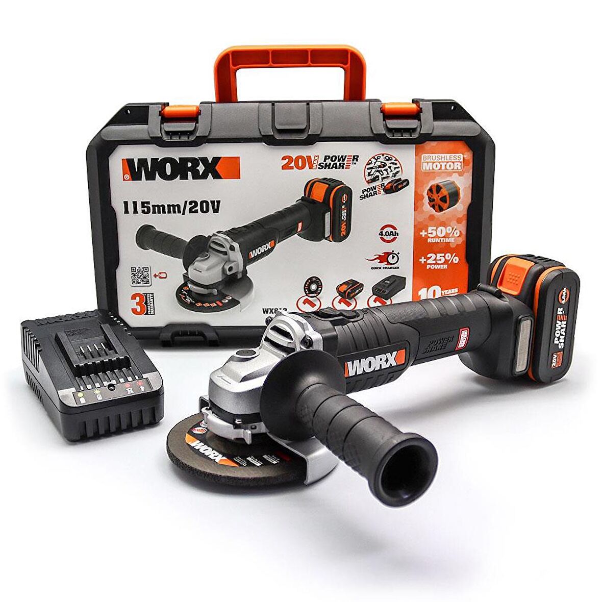 WORX WX813 20Volt 4.0Ah. Li-ion Tek Akülü 115mm Kömürsüz Profesyonel Şarjlı Avuç Taşlama 