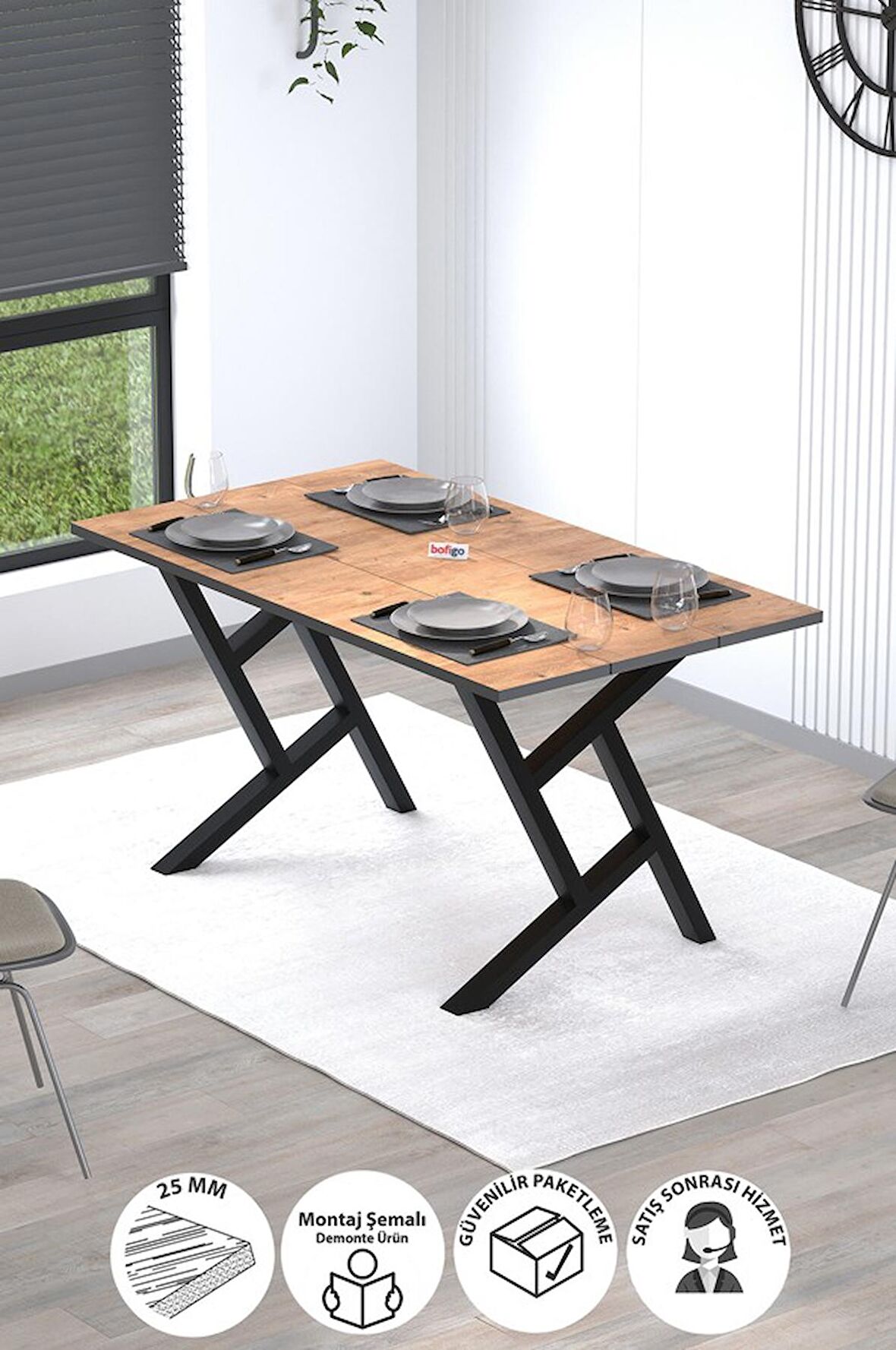 Bofigo Yemek Masası Metal Ayaklı Mutfak Masası Luna  85 x 150 Cm Yıldız Ayaklı Çam