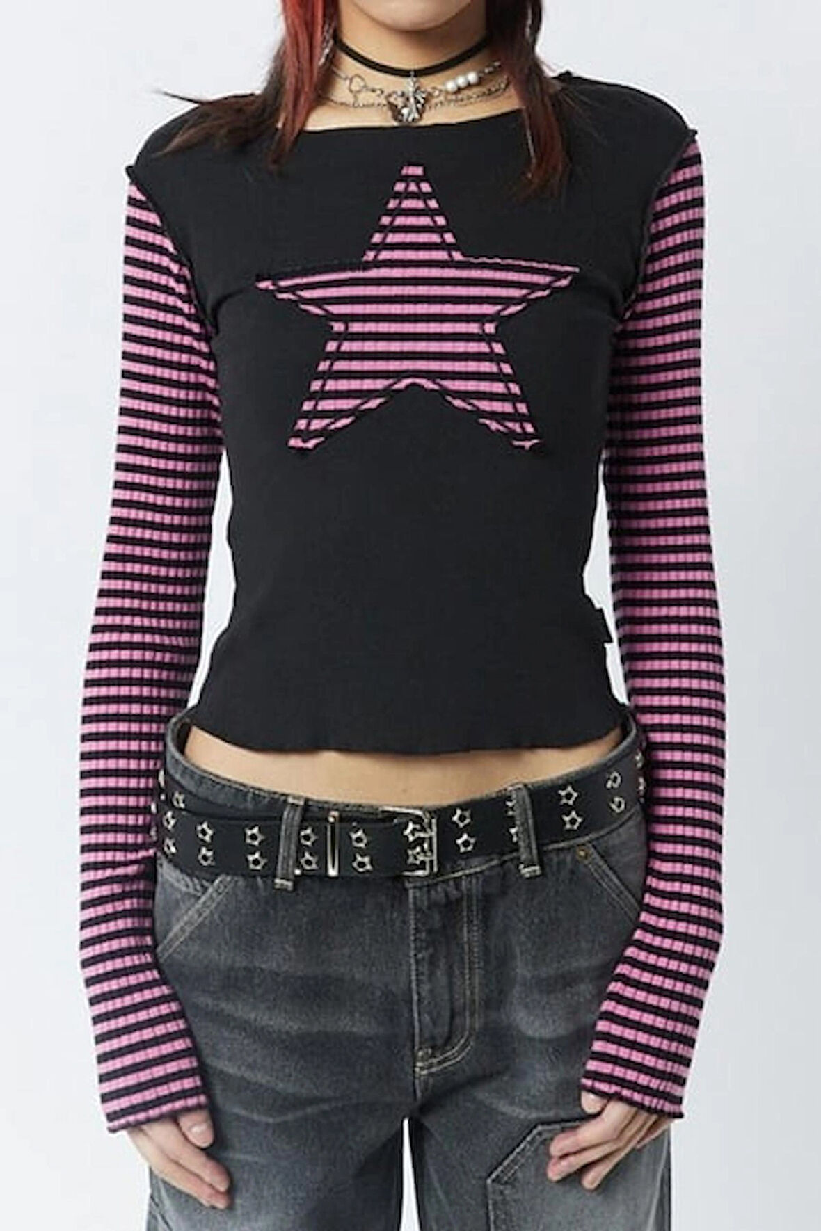 Köstebek Siyah Raglan Pembe Star Uzun Kollu Crop