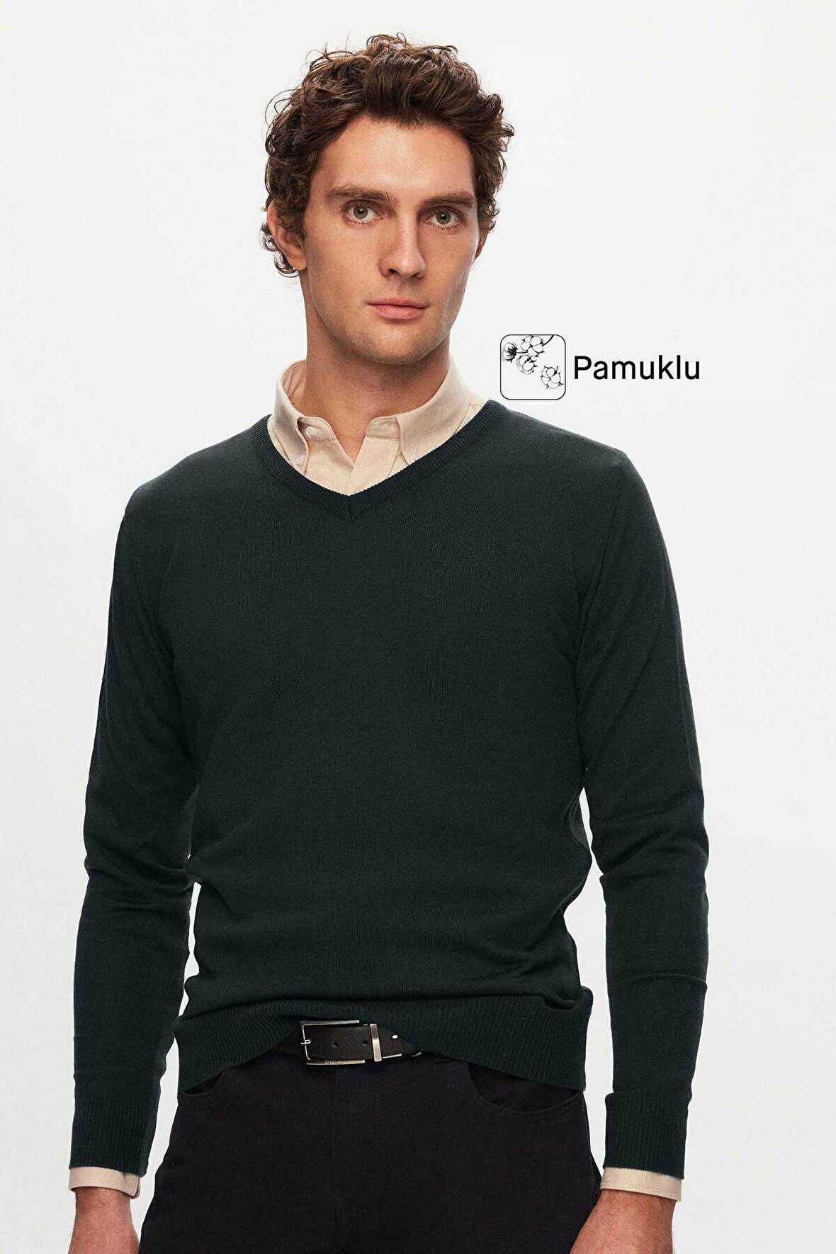 Ds Damat Regular Fit Haki Düz V Yaka Triko Kazak 5HF06ORT12003 5HF06ORT12003