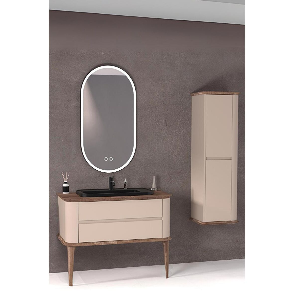 PIER 100 CM SİYAH LAVABOLU BANYO DOLABI VİZON / KAYIN  - BOY DOLAP DAHİL