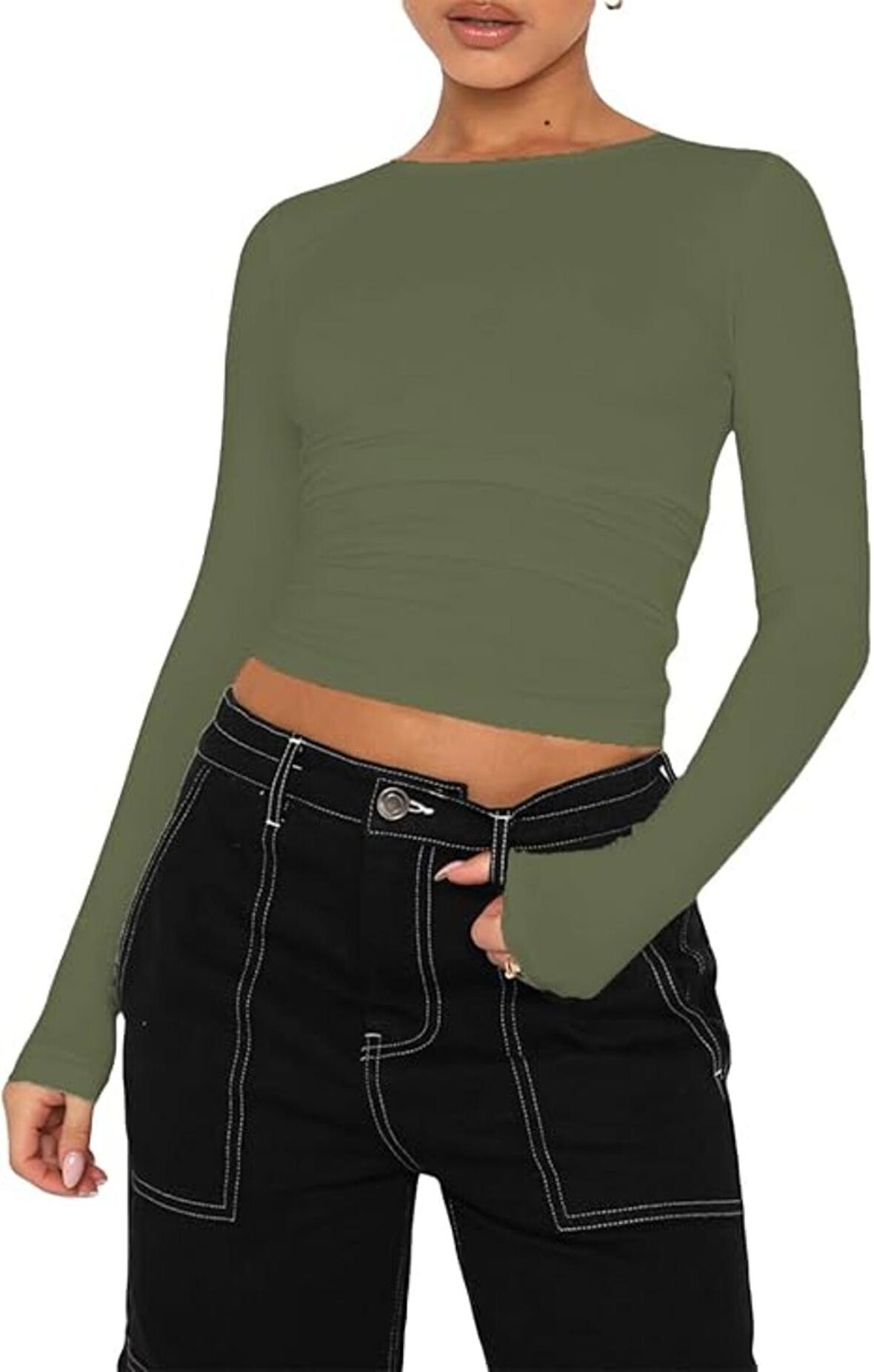 Haki Bisiklet Yaka Bluz Darkalıp Ribana Kumaş Günlük Basic Body