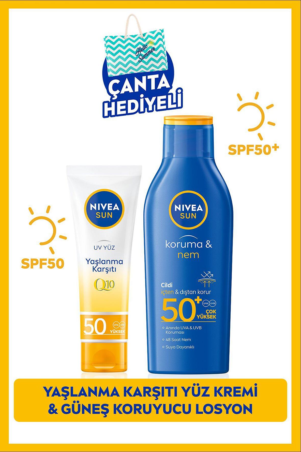 Nivea Sun Güneş Koruyucu Vücut Losyonu 200ml Ve Q10 Yaşlanma Karşıtı Yüz Kremi 50ml, Spf50, Çanta Hediye