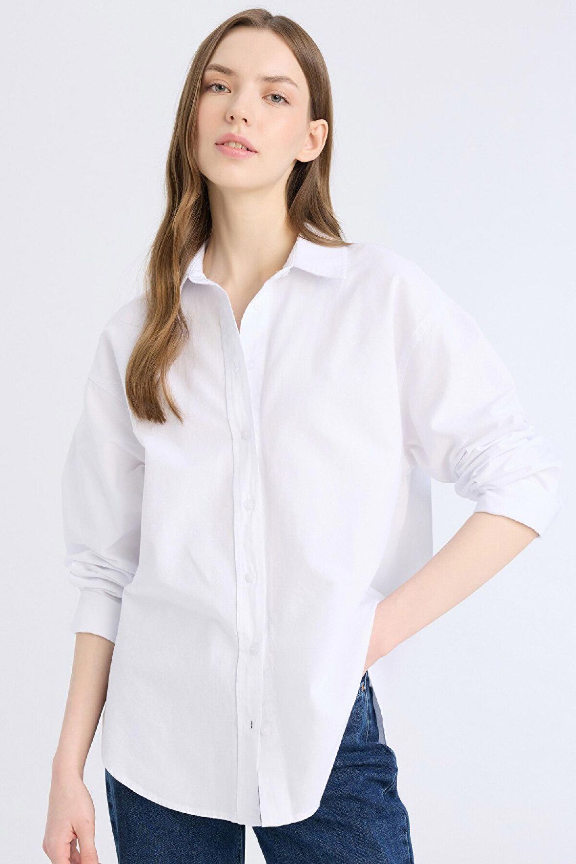 Oversize Geniş Kalıp Basic Düz Oxford Uzun Kollu %100 Pamuk Gömlek