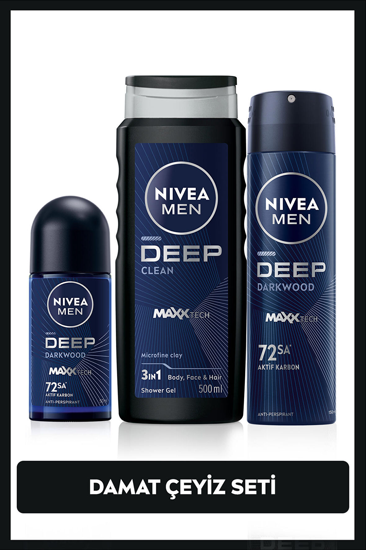 MEN Erkek Damat Çeyiz Bohça Seti Deep Dimension, Duş Jeli 500ml, Sprey Deodorant 150ml, Roll-on 50ml