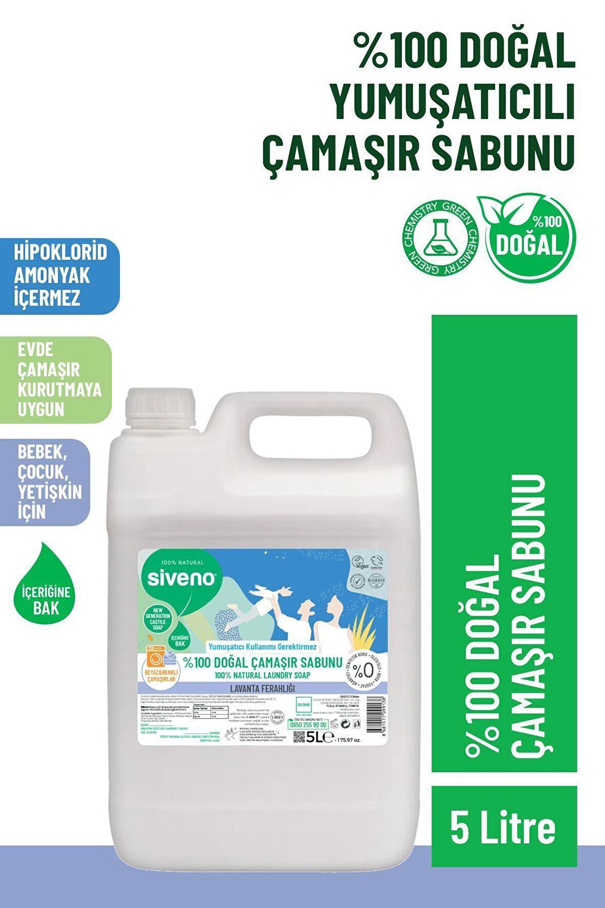 Siveno %100 Doğal Çamaşır Sabunu Bitkisel Deterjan Kendinden Yumuşatıcılı Konsantre Vegan 5000 ml