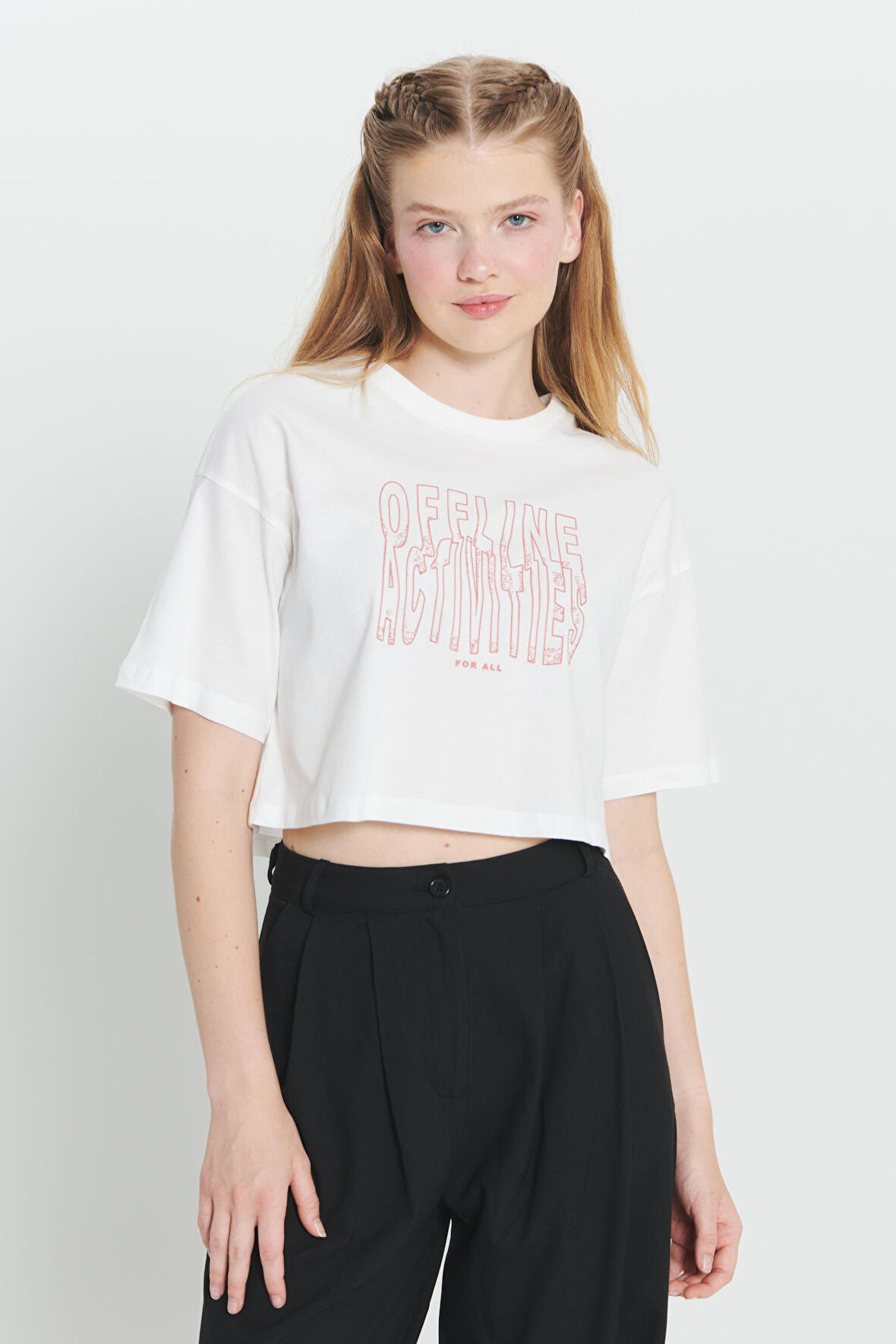 Oversize Fit Bol Kesim %100 Pamuk Bisiklet Yaka Baskılı Crop Tişört