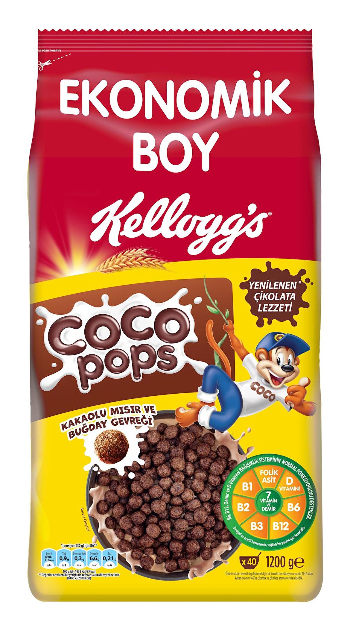Kellogg's Coco Pops Çikolatalı Buğday ve Mısır Gevreği 1200 Gr, Lif, Demir ve 6 Vitamin içerir