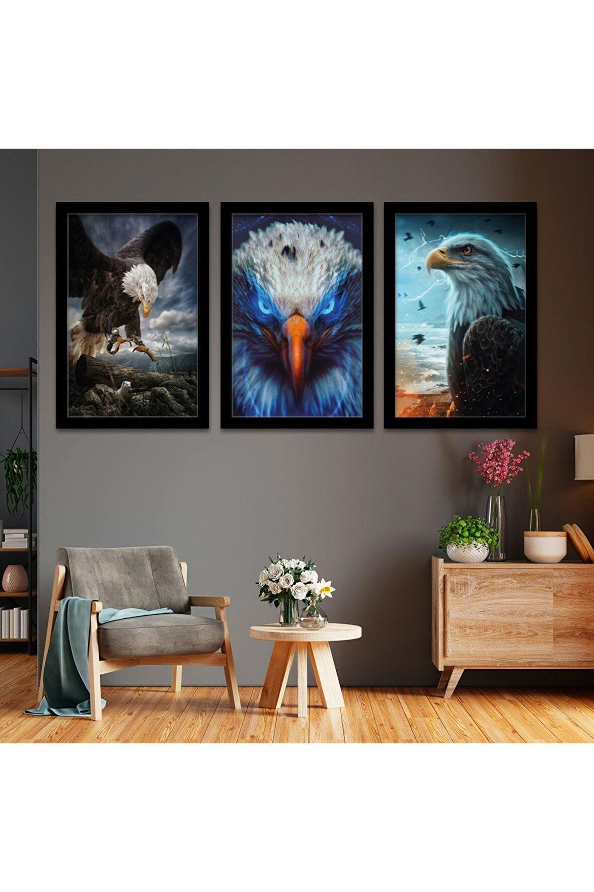 Gümüş Aynalı Pleksi Çerçeveli Arka Planlı Üçlü Mdf Tablo Seti