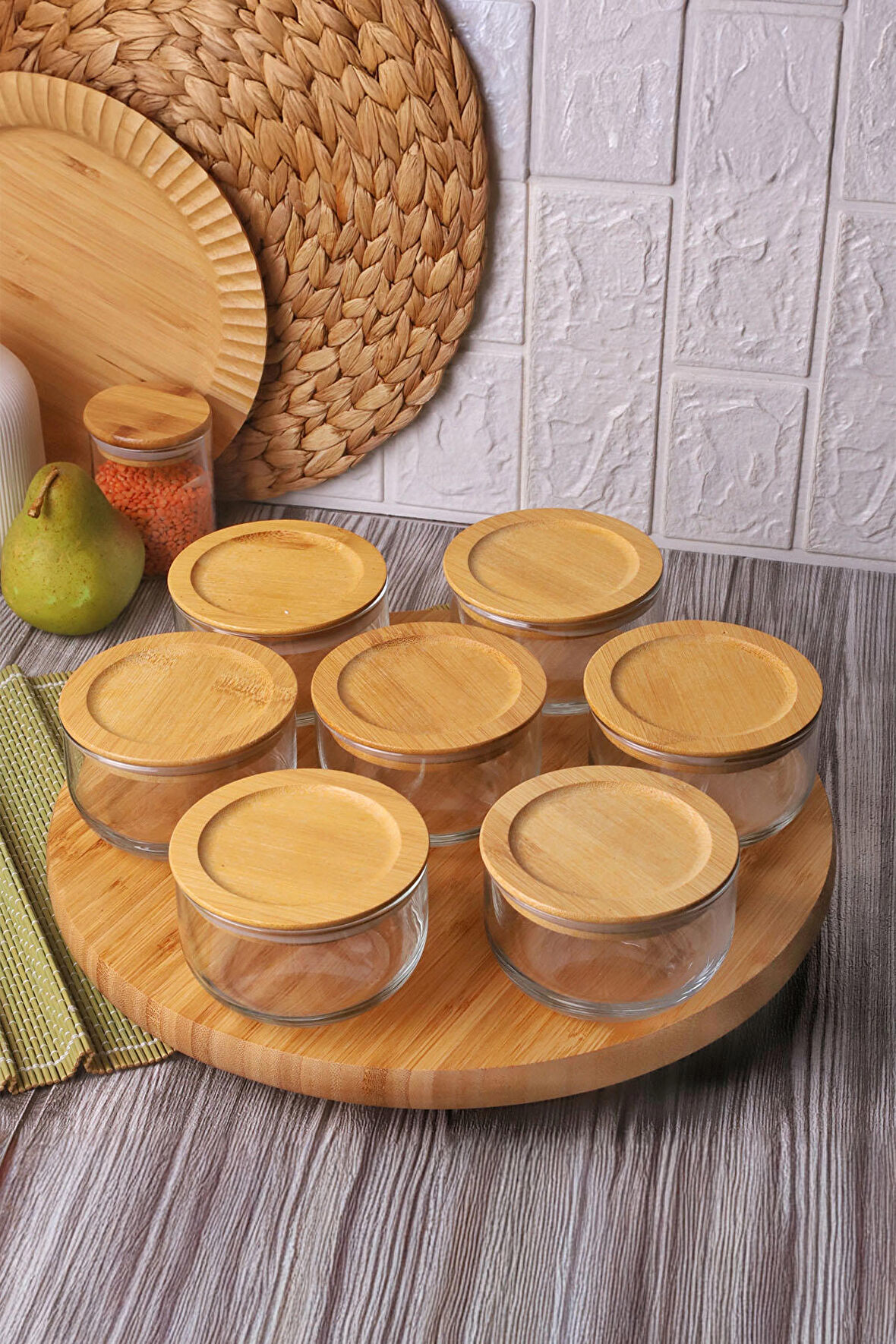 Bambum Duo 300ml 7'li Tepsili Bambu Silikonlu Kapaklı Hava Aldırmaz Cam Kahvaltılık