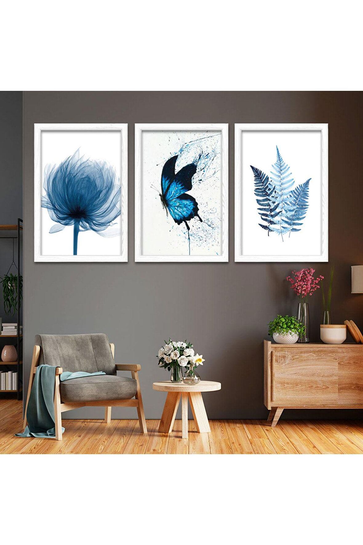 Gümüş Pleksi Kenar Üçlü Mdf Tablo Seti Saat Seti