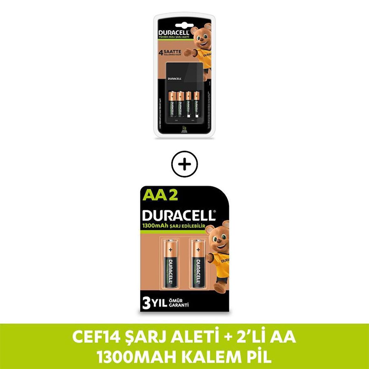 Duracell CEF 14 Şarj Aleti Seti + 2 Şarj Edilebilir AA 1300mAh Pil (Hediyeli)