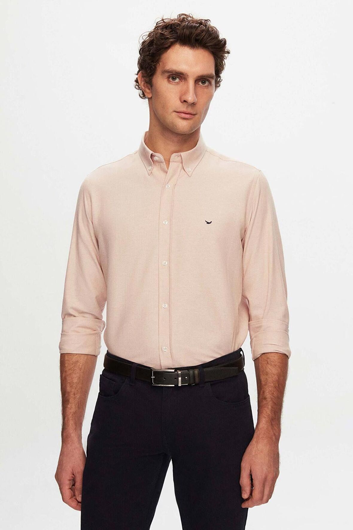Slim Fit Ekru Oxford Düğmeli Yaka Kolay Ütülenebilir Nakış Detaylı Pamuklu Gömlek 4HC02ORT03265