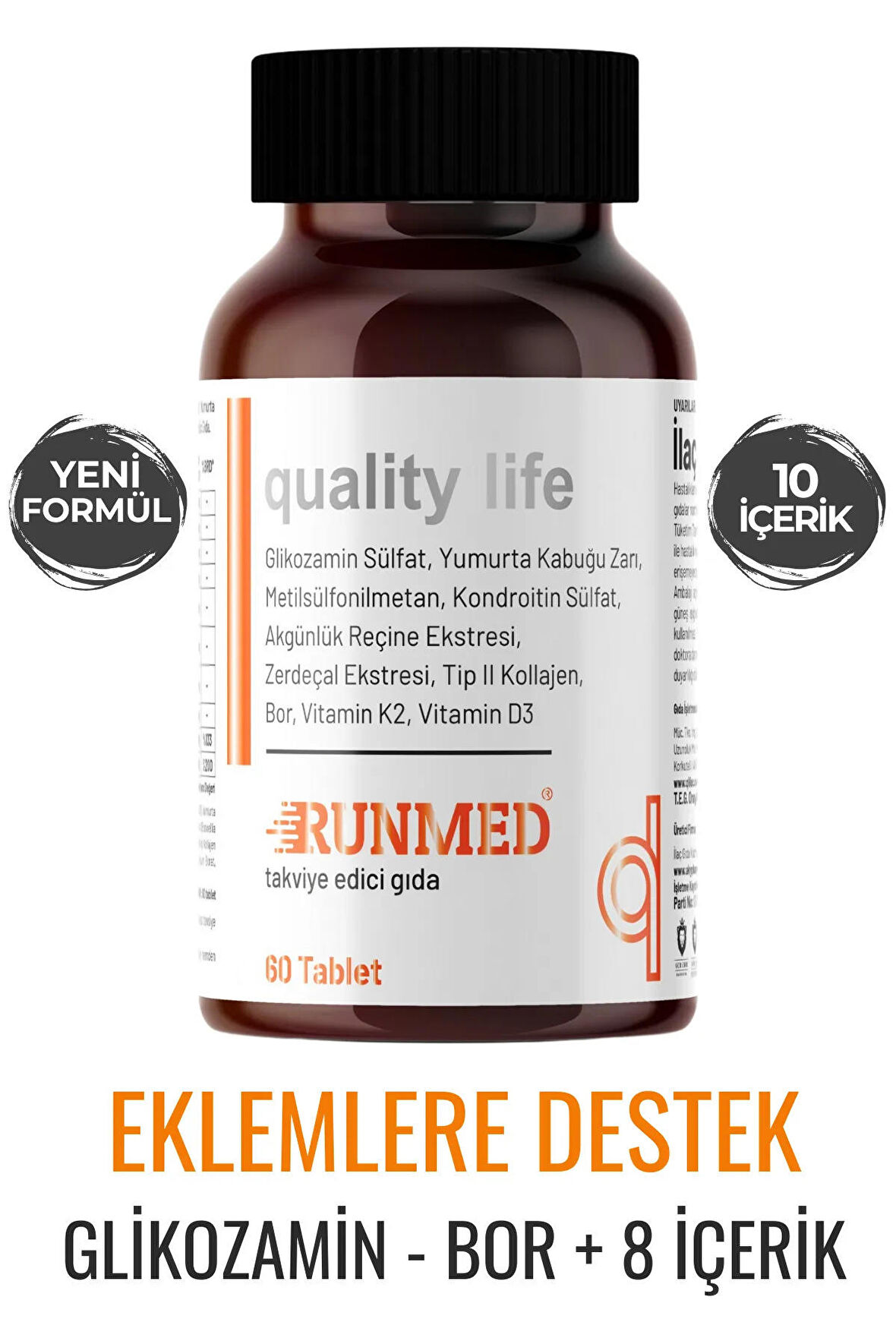 Runmed 60 Tablet Glukozamin MSM Kondroitin Tip 2 Kollojen, D ve K Vitamini, Yumurta Kabuğu Zarı