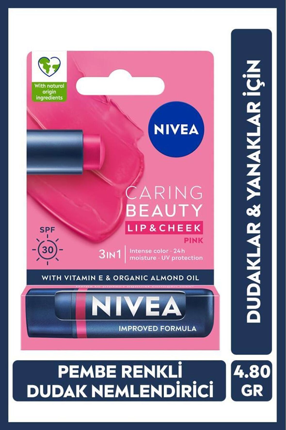 Nivea Renkli Dudak Bakım Kremi,Pembe,4,8gr,Nemlendirici,SPF30,Doğal Yağlar,E Vitamini,Dudak ve Yanak İçin