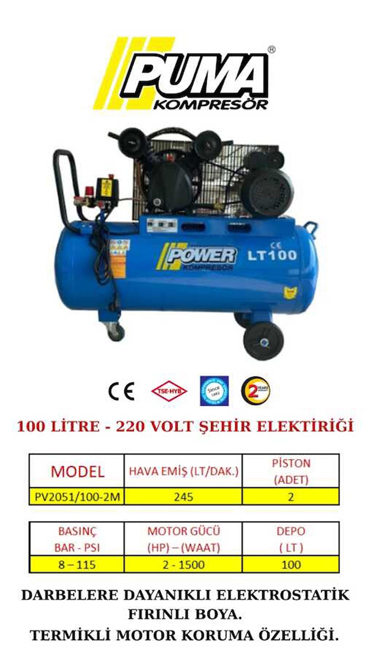 PİSTONLU KOMPRESÖR - 100 Lt - 2 HP - 8 Bar - Hava Üretimi: 200 Lt/dk. - 220 Volt
