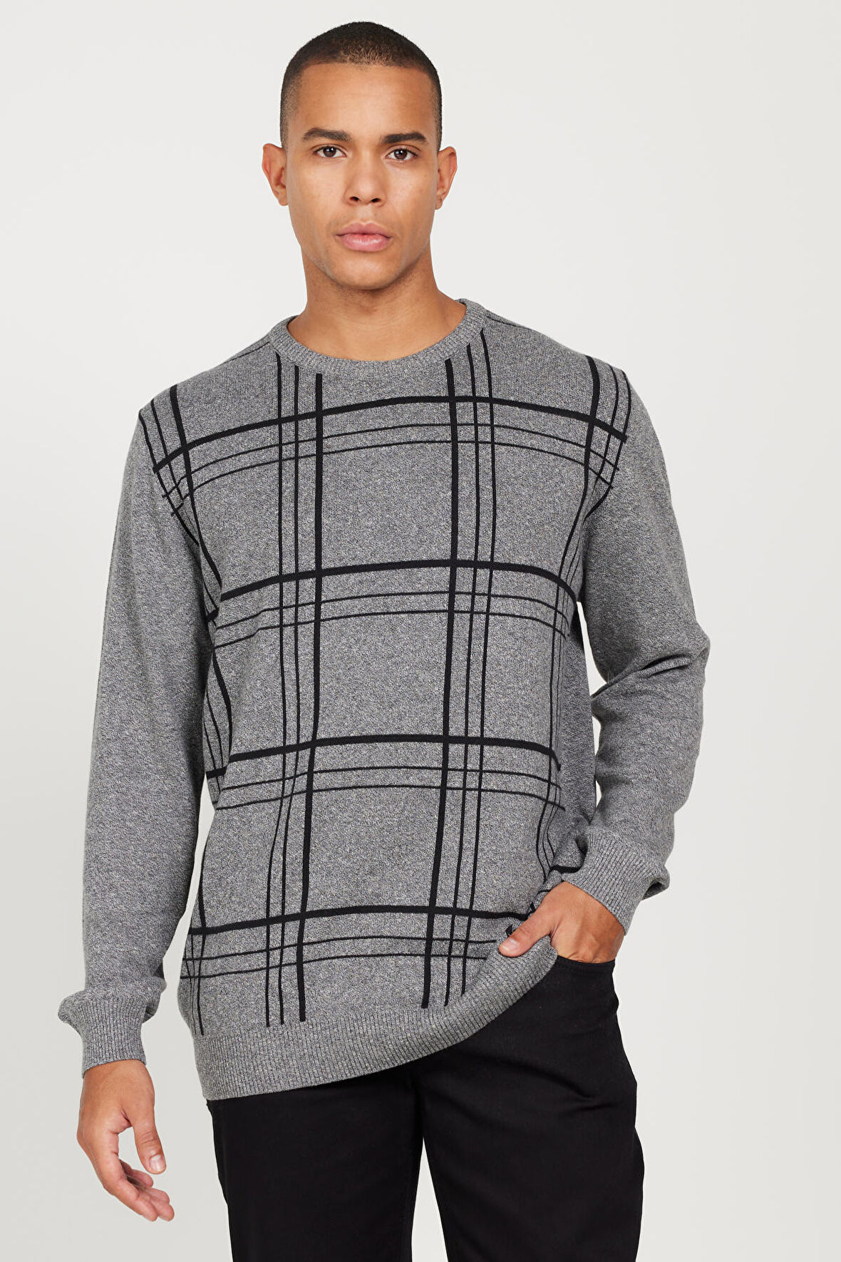 Erkek Gri-Ekru Recycle Standart Fit Normal Kesim Yarım Balıkçı Yaka Pamuklu Desenli Triko Kazak