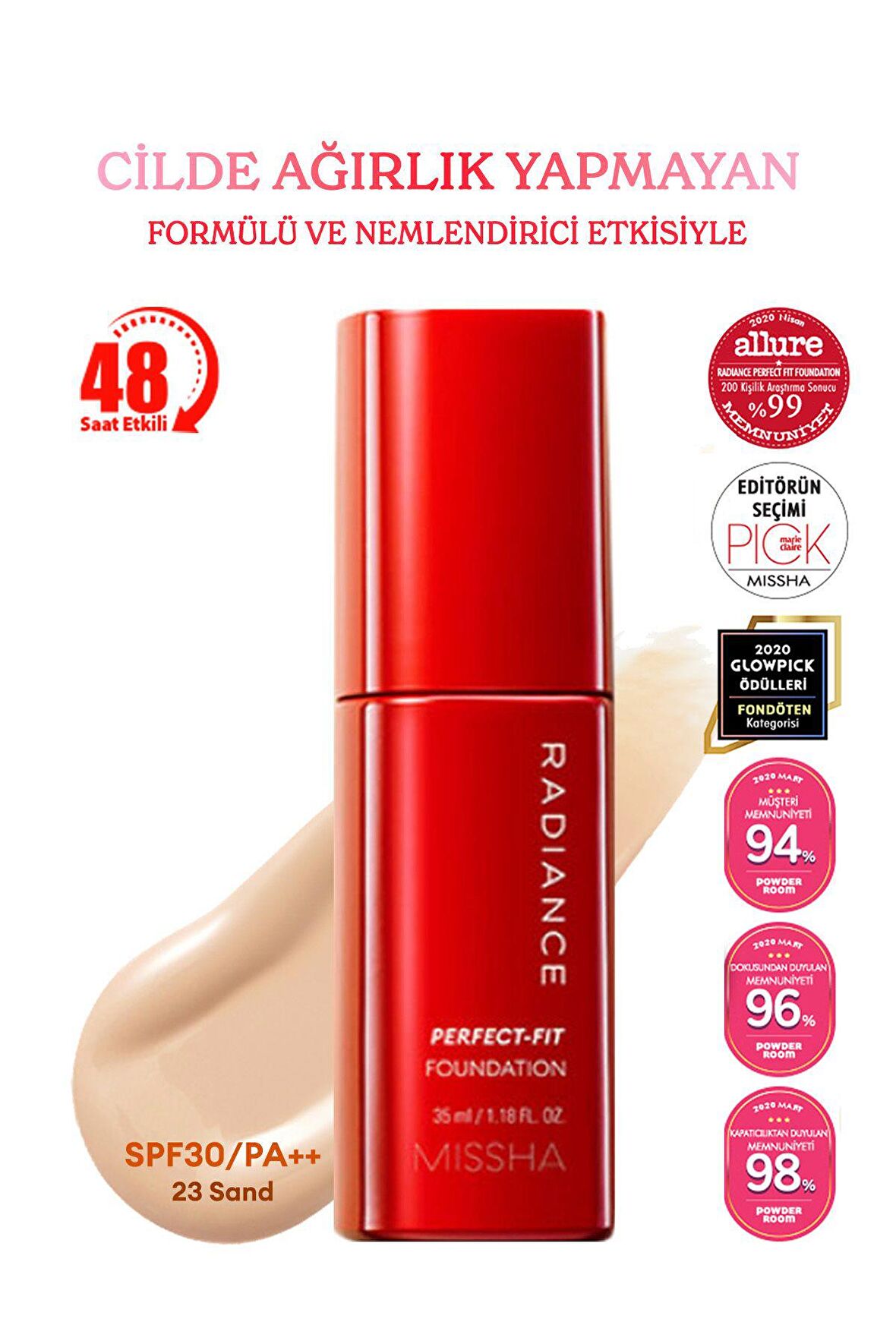 48 Saat Kalıcı Saten Fondöten 35ml SPF30+ Radiance Perfect Fit Foundation No.23 Sand