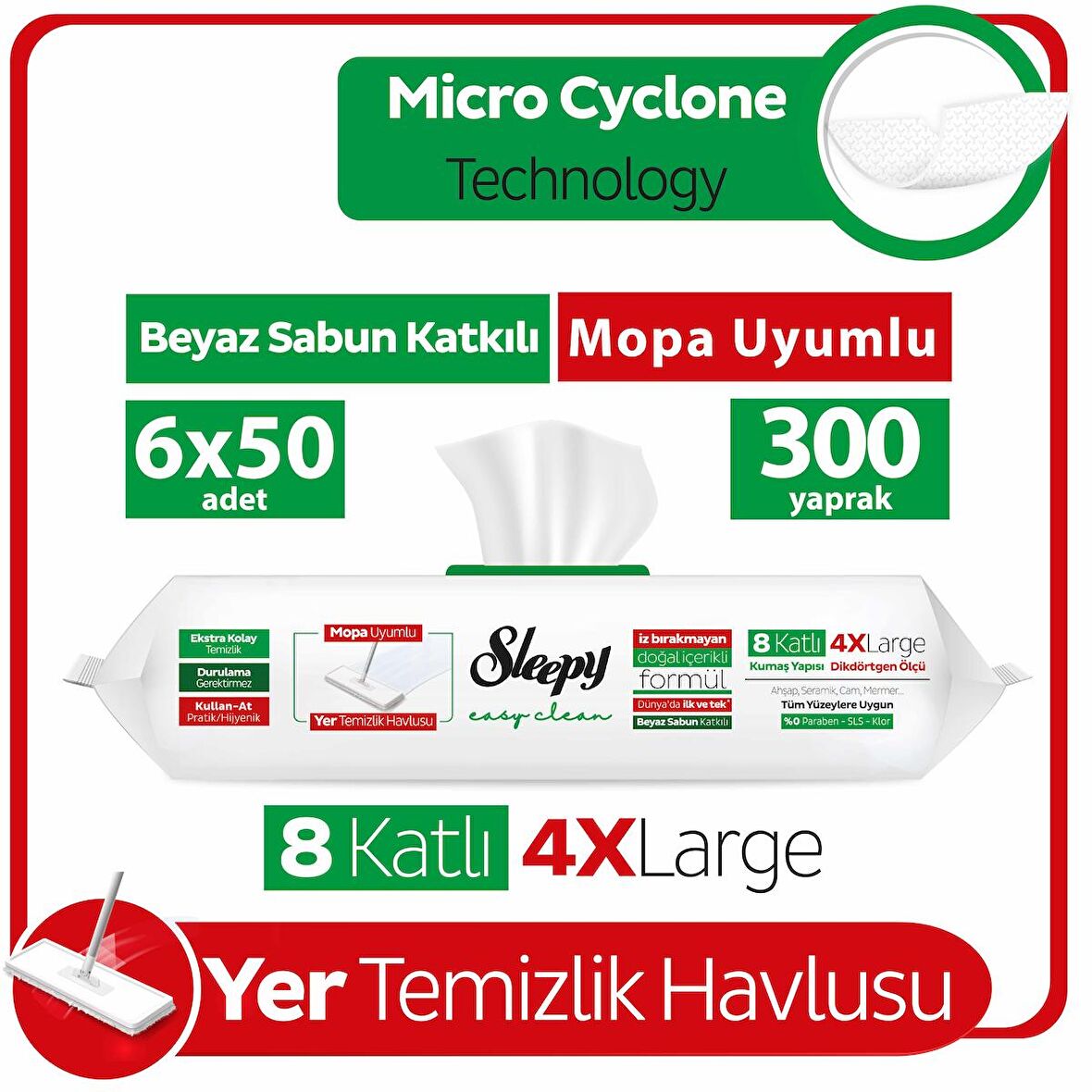 Sleepy Easy Clean Beyaz Sabun Katkılı Mopa Uyumlu Yer Temizlik Havlusu 6x50 (300 Yaprak)