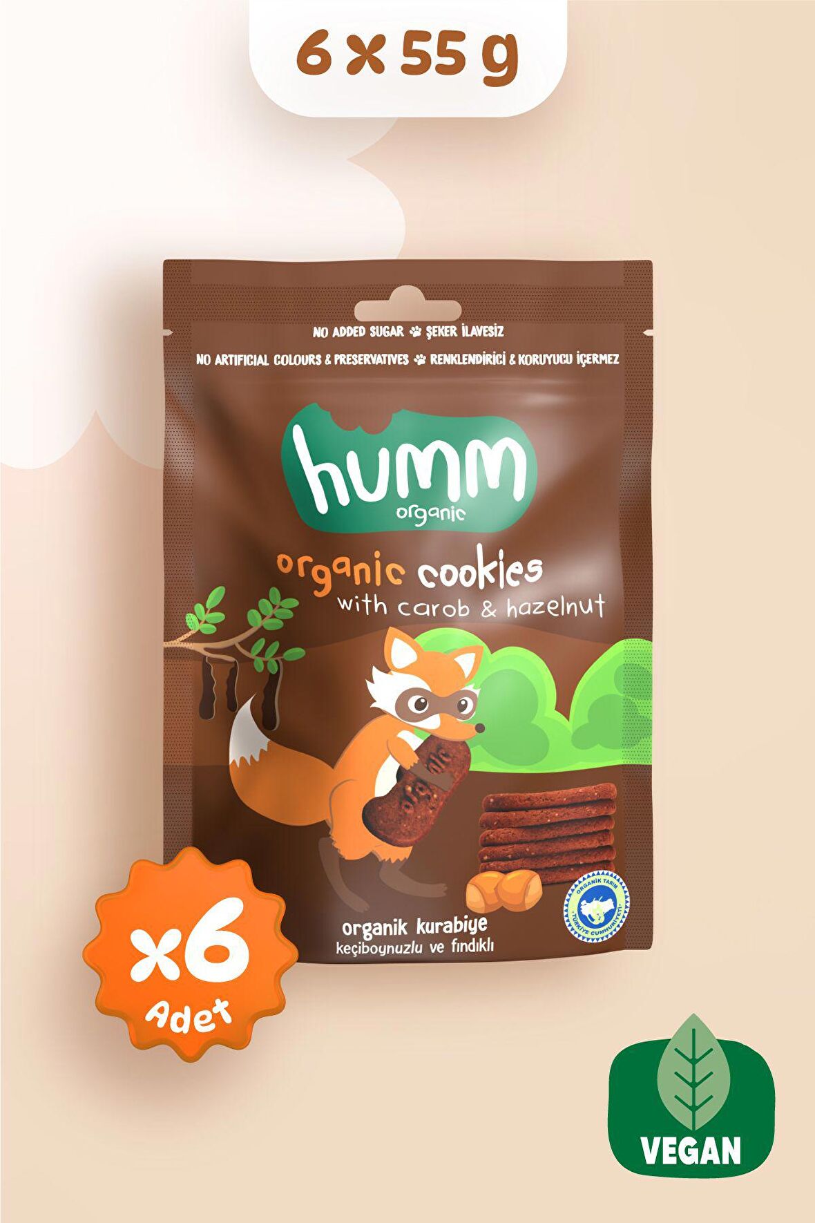 Humm Organic Organik Keçiboynuzlu Fındıklı Vegan Kurabiye 55g X 6 Adet