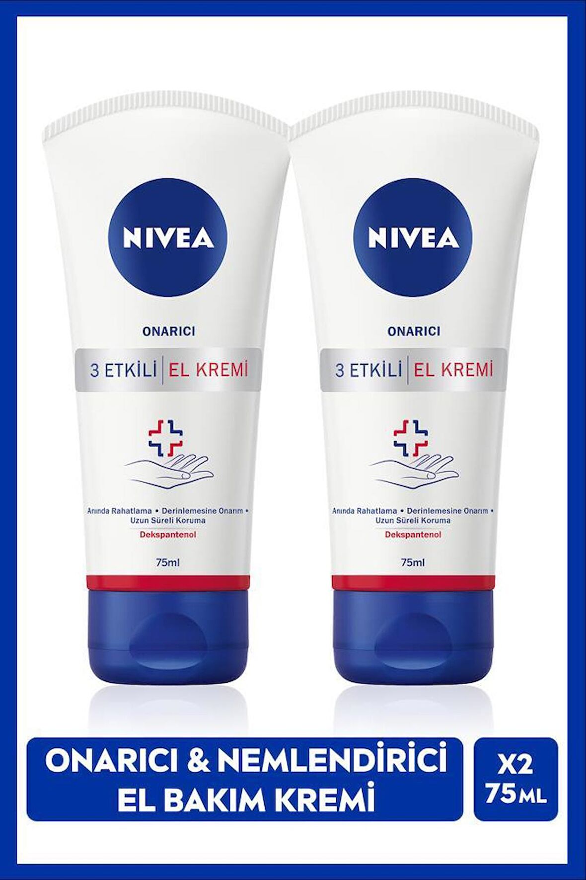 NIVEA 3 Etkili Onarıcı El Bakım Kremi 75ml, Nemlendirici, Anında Rahatlama, Dekspantenol, Kuru Cilt, X2 Adet