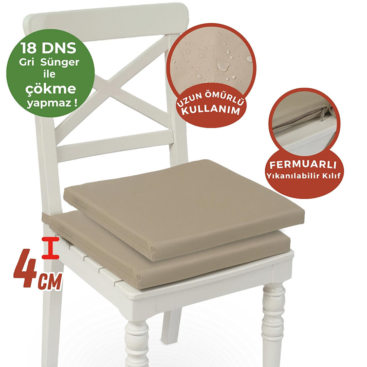 Xpermate Fermuarlı 2'li Sandalye Minderi Su İtici Kumaş 40x40Cm Sünger Sandalye Minderi Bağcıklı Bej