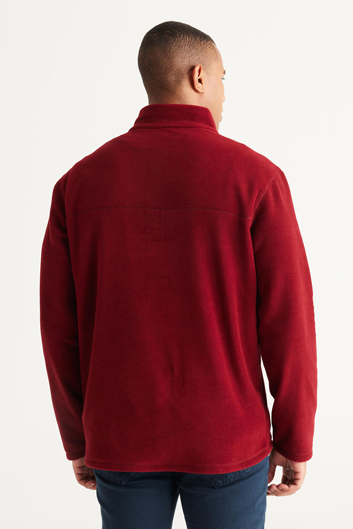 Erkek Bordo Standart Fit Normal Kesim Fermuarlı Bato Yaka Isı Koruyan Polar Sweatshirt