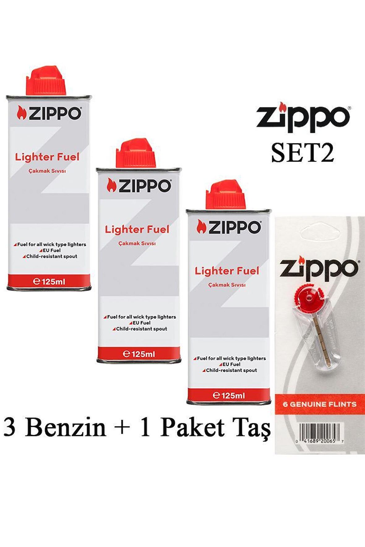 Zippo Çakmak ikmal Seti 3 Bidon Benzin 1 Paket Taş Set2