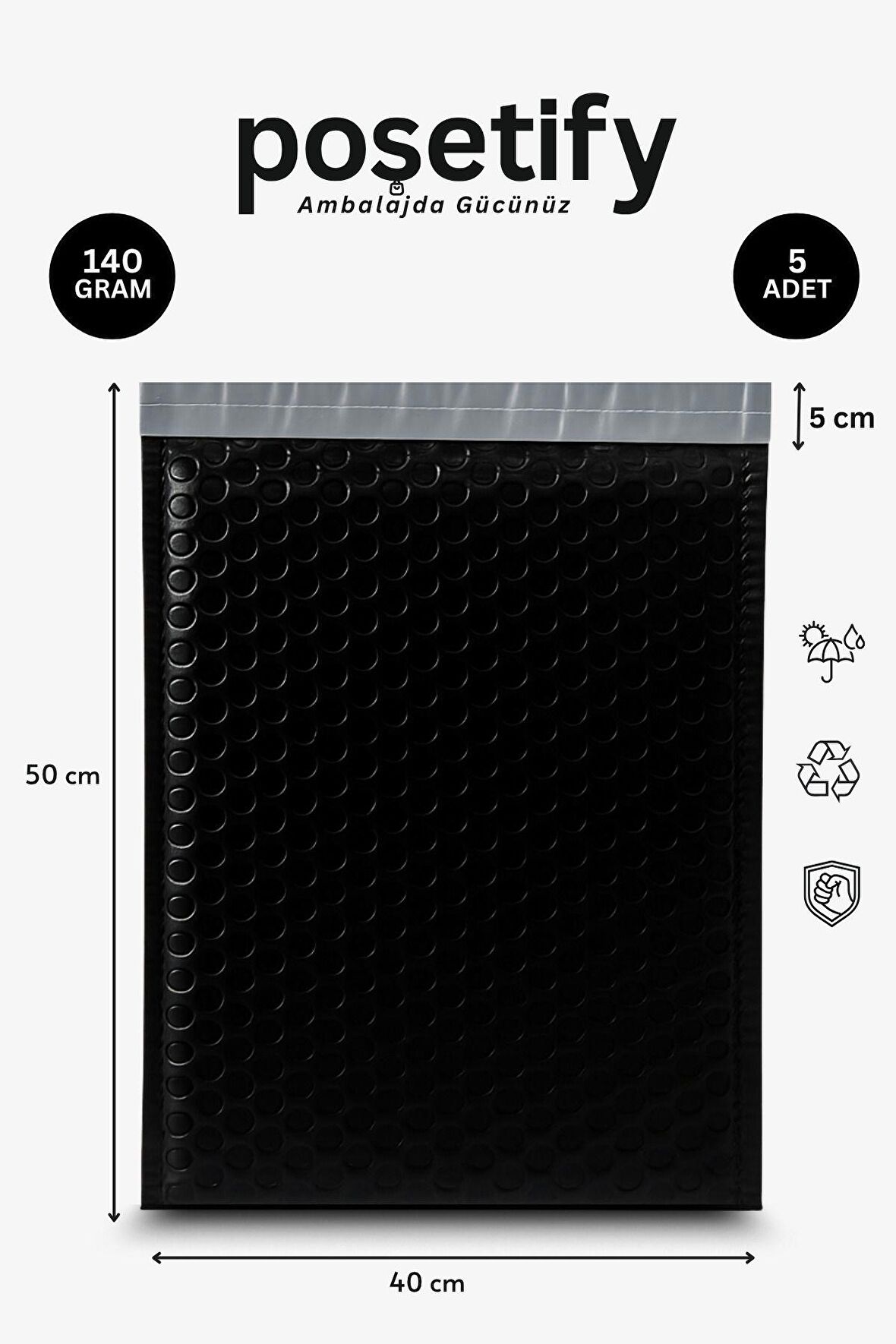 Balonlu Siyah Kargo Poşeti 35x45+5 cm | 140 gr Bantlı Patpatlı Kargo Poşeti | 5’li E-Ticaret Poşeti