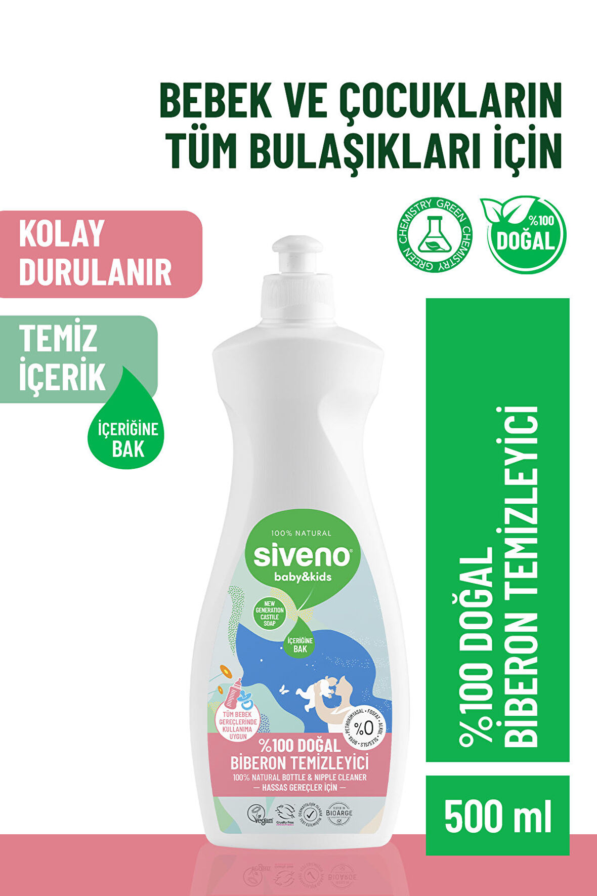 Siveno %100 Doğal Emzik Ve Biberon Temizleyicisi Bitkisel Elde Bulaşık Sabunu Nemlendirici Vegan 500 ml