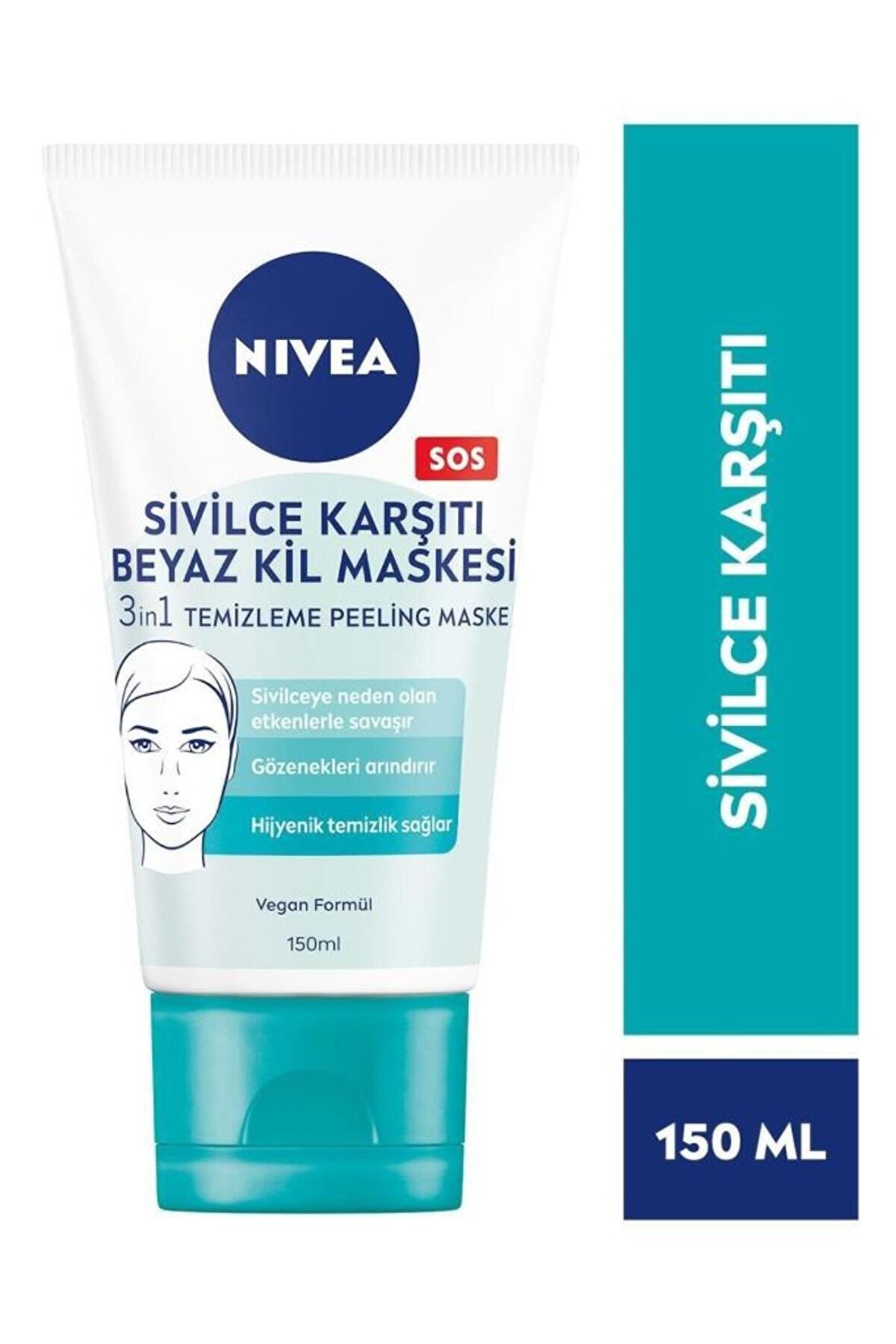 Nivea 3in1 Sivilce Karşıtı Beyaz Kil Maskesi 150ml, Temizleyici, Peeling, Maske, Gözenek Arındırıcı