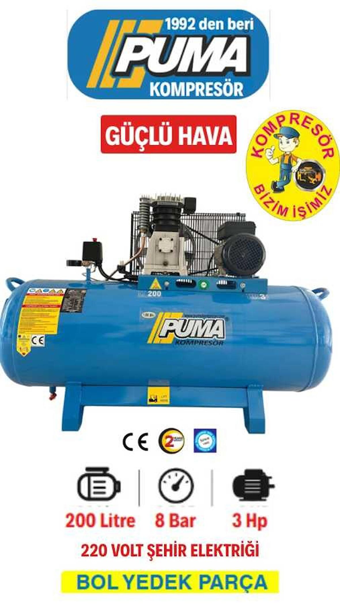 Puma 200 LT ALÜMİNYUM KAFA PİSTONLU KOMPRESÖR 3 HP, 8 BAR, 2 PİSTON,220 V MONOFAZE