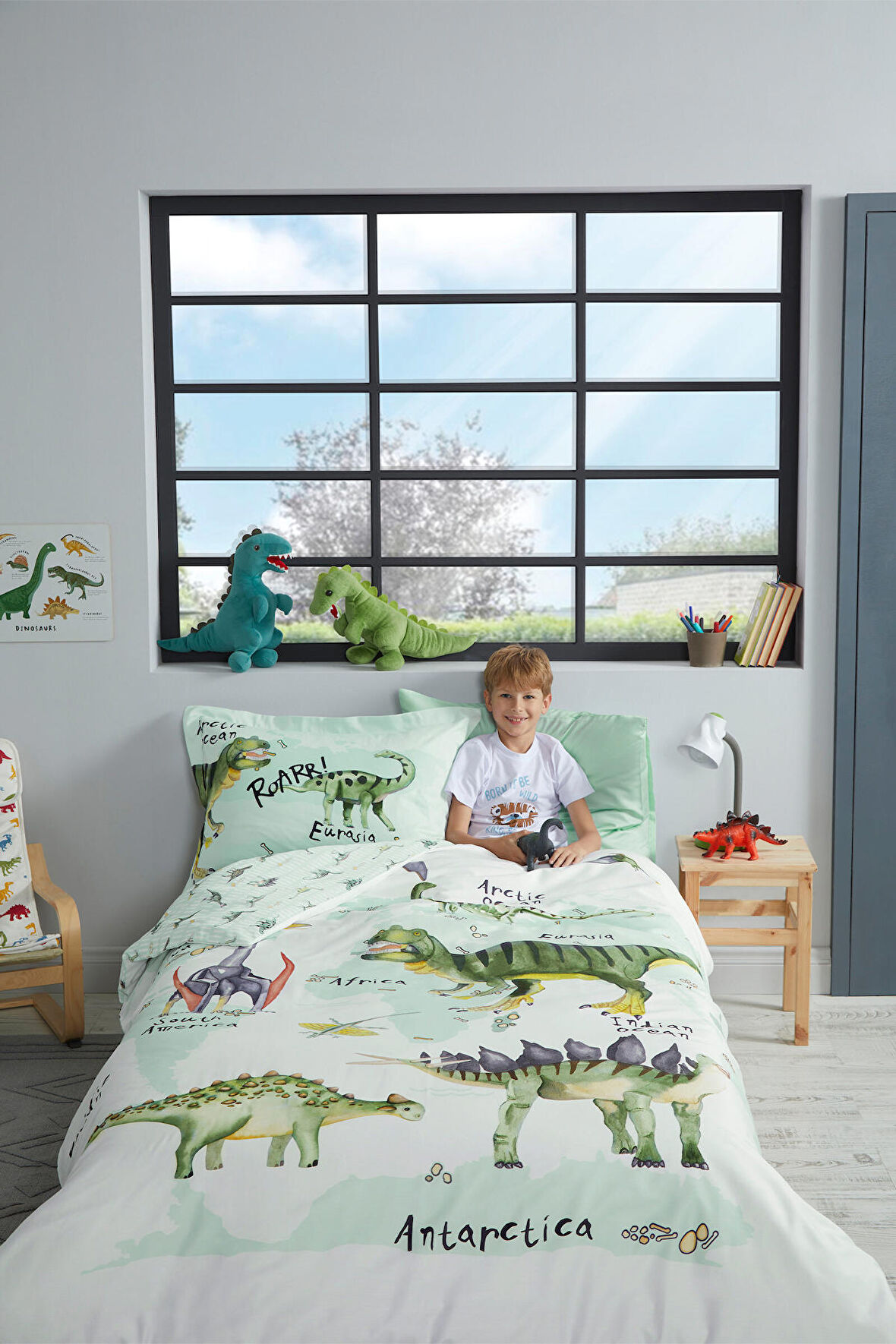 Özdilek Dinasour Time Tek Kişilik Lastikli Çarşaf Nevresim Takımı